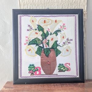 Whimsical Framed Embroidery | Frogs, Calla Lilies & Mushrooms | 19"x18"